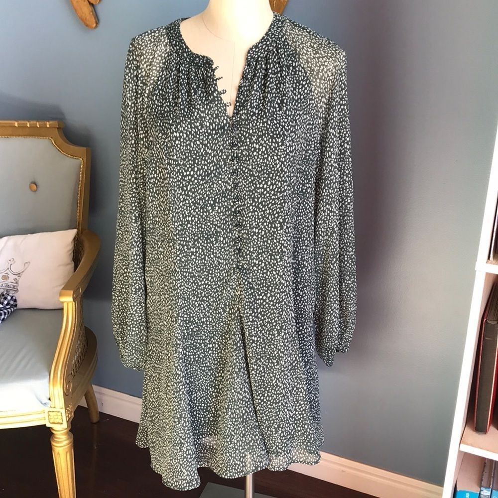 Joie green-arctic animal spot long sleeves see thru button down dress size L